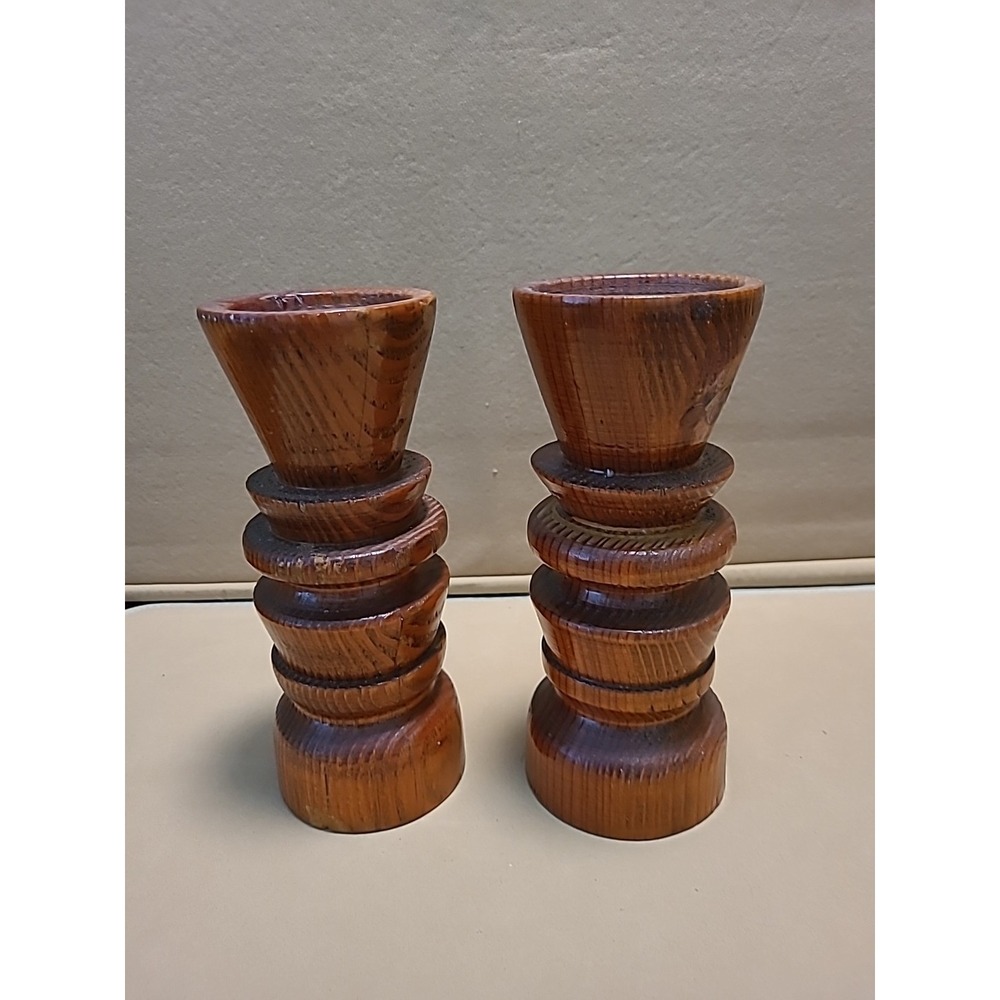 Pair of Hand Turned Wood Candle Holders 8" Tall Burl Wood - Picture 2 of 8